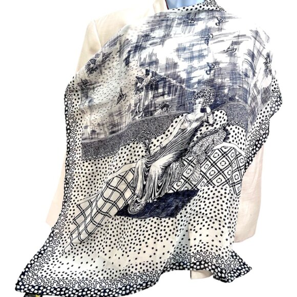 Vintage McDavid  Chiffon/Rayon Scarf 32" gray black white lady laying (27) - Picture 1 of 8